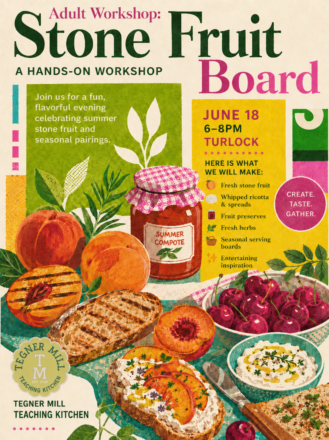 Advertisement for a stone fruit workshop with images of fruits and a jar of jam.