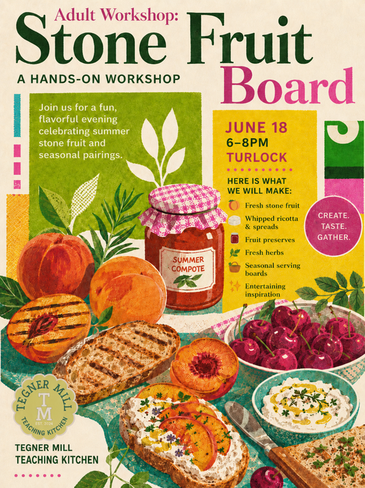 Advertisement for a stone fruit workshop with images of fruits and a jar of jam.