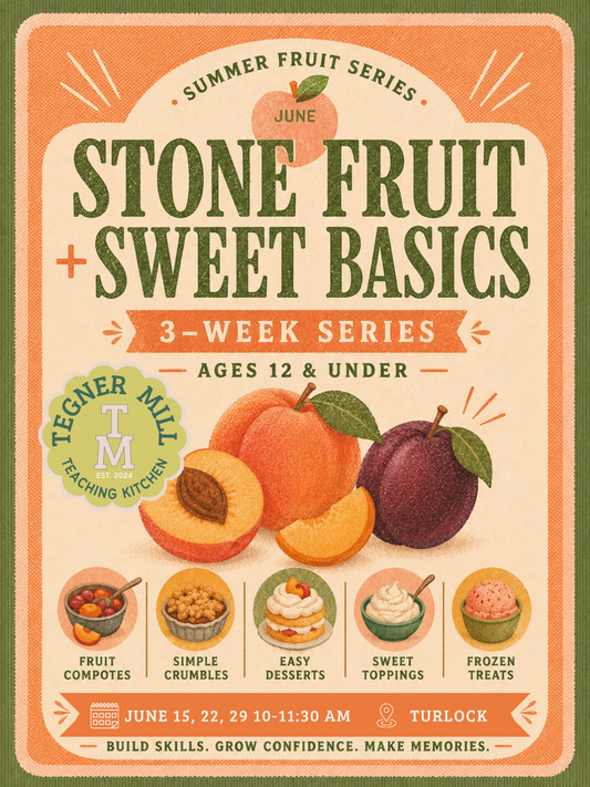 Promotional poster for a stone fruit cooking series with images of peaches and plums.