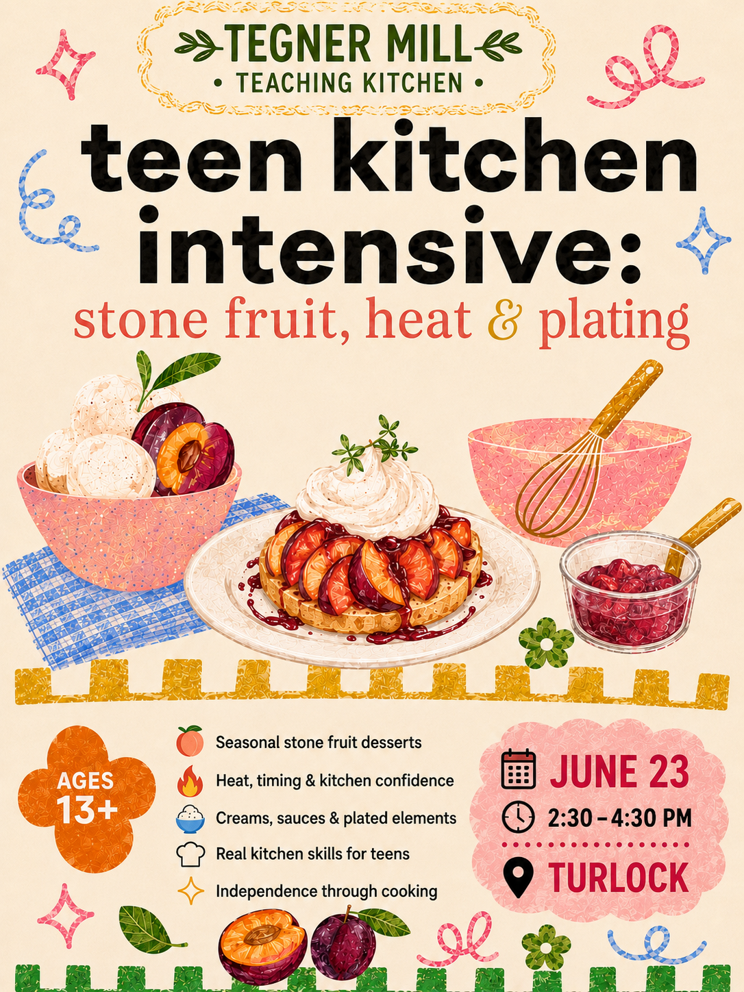 Promotional flyer for a 'Teen Kitchen Intensive' event with dessert illustration and event details.