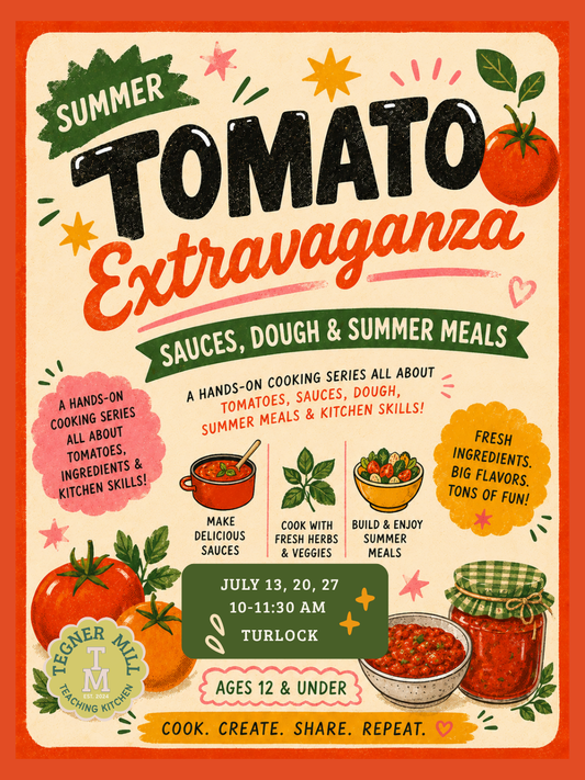 Promotional poster for a cooking series titled 'Summer Tomato Extravaganza' with colorful graphics and text.